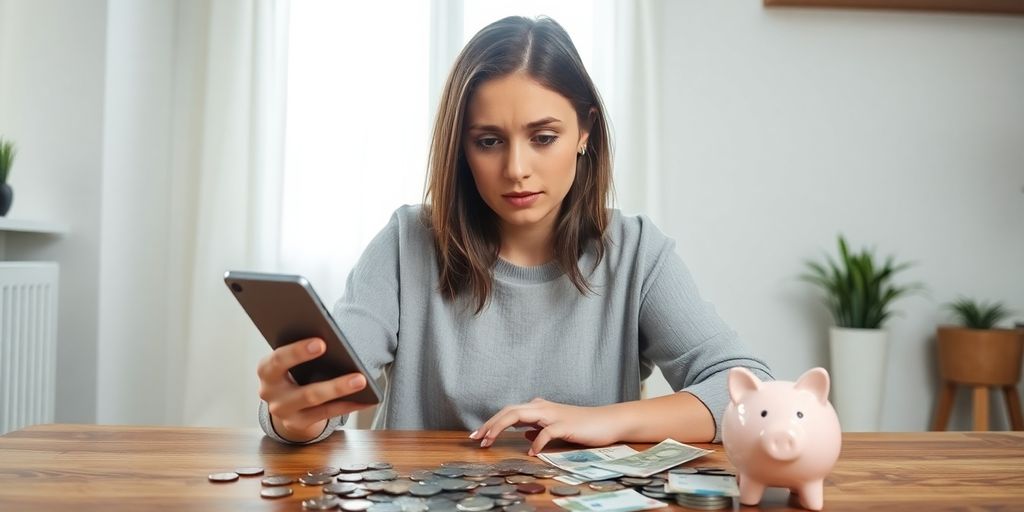 Femme inquiète regardant des pièces d'euros sur une table boisée