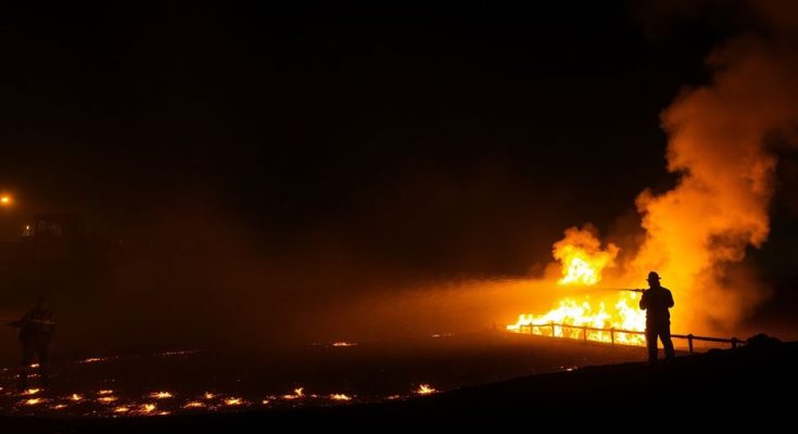 Pompiers pulvérisant de l'eau sur un incendie de goudron ardent