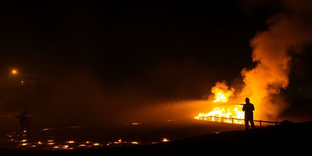 Pompiers pulvérisant de l'eau sur un incendie de goudron ardent