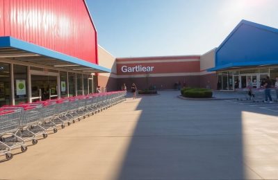 Deux façades lumineuses de supermarchés colorées avec chariots devant l'entrée
