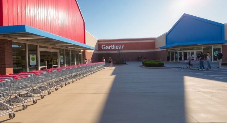 Deux façades lumineuses de supermarchés colorées avec chariots devant l'entrée