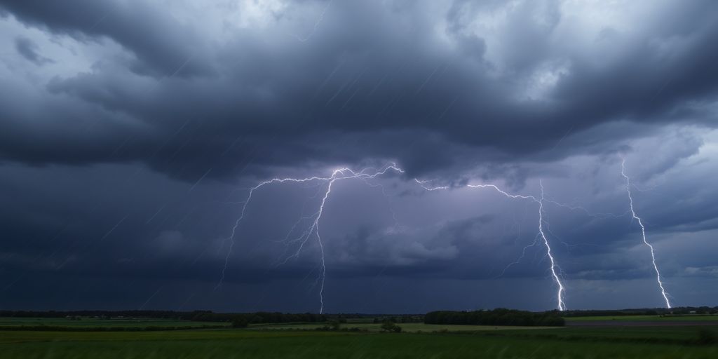 Ciel orageux menaçant avec éclairs sur des toits de maisons.