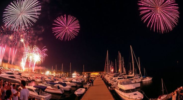 Bateaux, feux d'artifice, foule au port Pierre Canto.