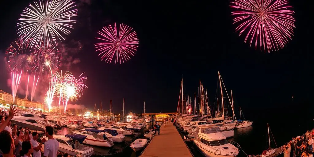 Bateaux, feux d'artifice, foule au port Pierre Canto.