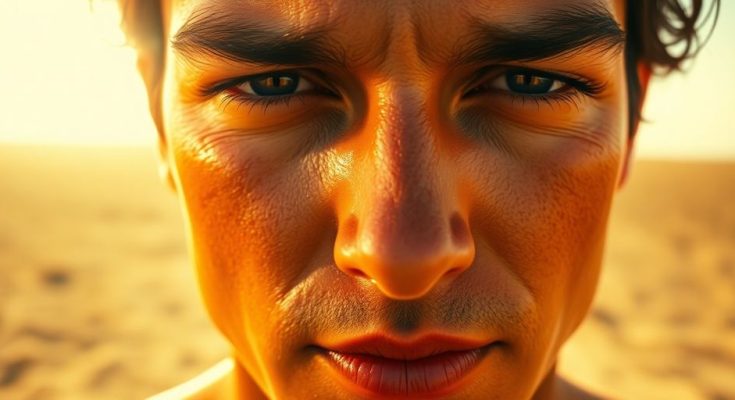 Personne souffrant de la chaleur intense sous un soleil ardent.