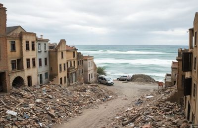 Bâtiment fissuré après un puissant séisme en Extrême-Orient russe.