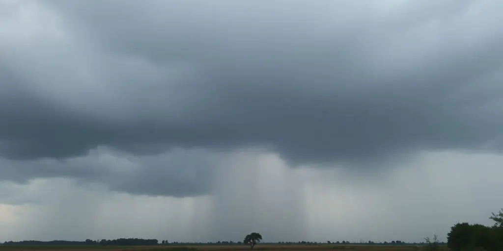 Nuages sombres et pluie tombant sur un paysage rural.