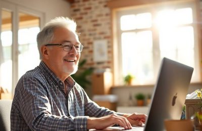 Personne âgée souriante travaillant à mi-temps.