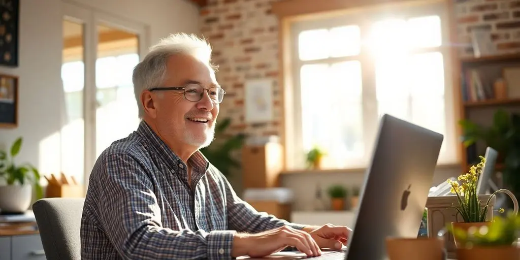 Personne âgée souriante travaillant à mi-temps.