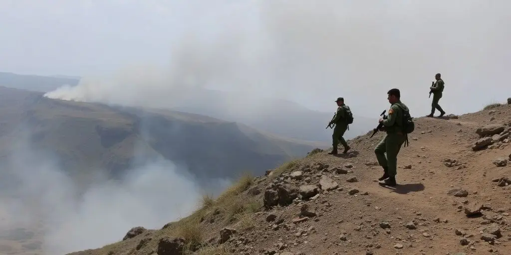 Soldats patrouillant une frontière, fumée visible.
