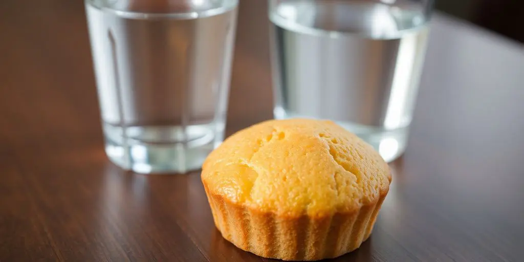 Une madeleine et un verre d'eau sur une table.