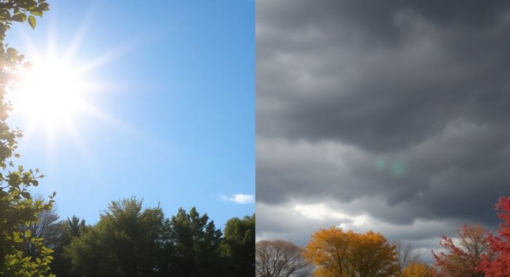 Ciel bleu éclatant contrastant avec des feuilles d'automne dorées.