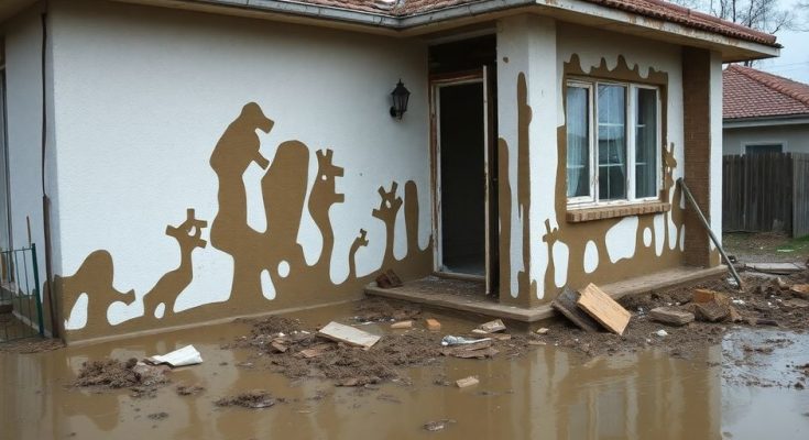 Maison dévastée par les inondations, traces de boue sur les murs.
