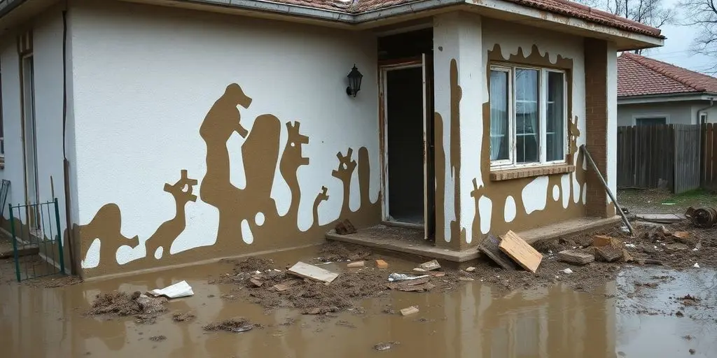 Maison dévastée par les inondations, traces de boue sur les murs.