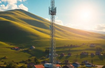 Antenne 5G dans un paysage rural avec des maisons
