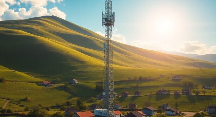 Antenne 5G dans un paysage rural avec des maisons