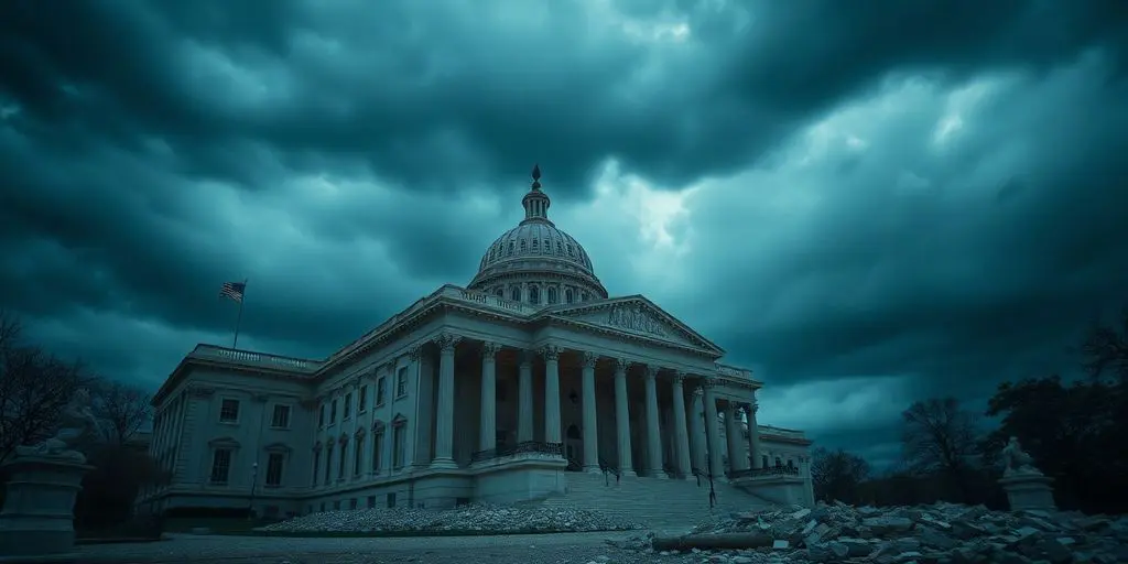 Palais gouvernemental en partie effondré sous un ciel orageux.