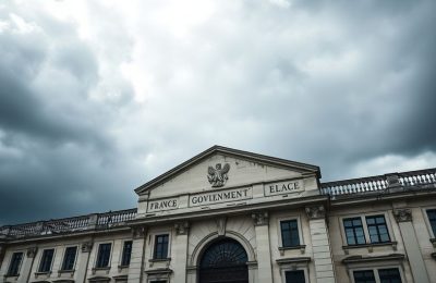 Le bâtiment du gouvernement français sous un ciel menaçant.