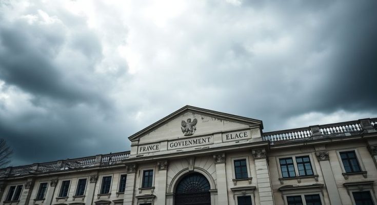 Le bâtiment du gouvernement français sous un ciel menaçant.