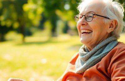 Personne âgée souriante profitant d'une activité paisible.