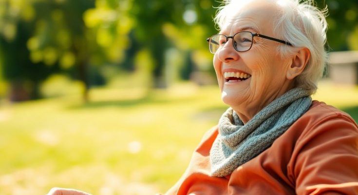Personne âgée souriante profitant d'une activité paisible.