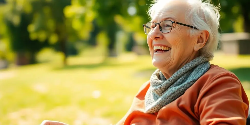 Personne âgée souriante profitant d'une activité paisible.