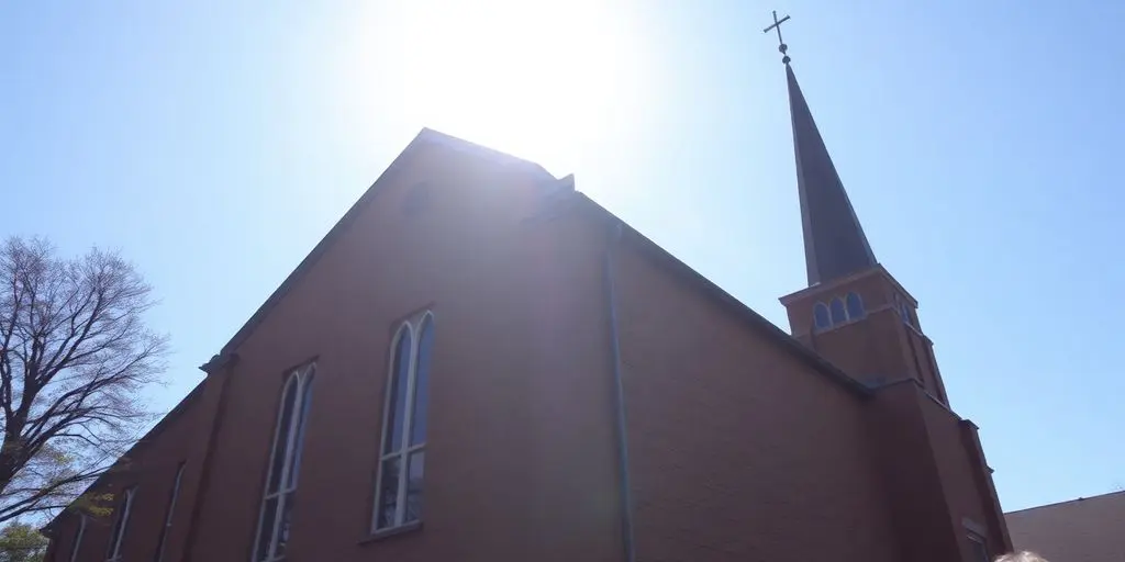 Une église éclairée par le soleil avec un ciel bleu.