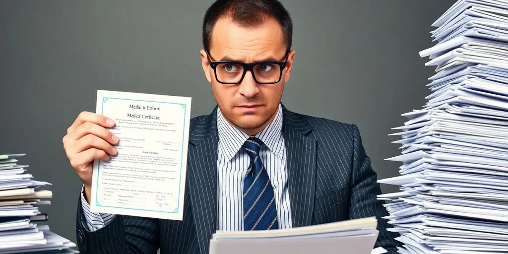 Un homme d'affaires stressé devant des documents et un certificat médical.