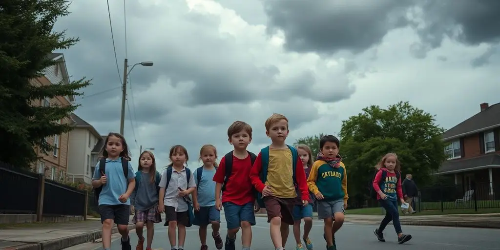 Écoliers marchant dans la rue, ciel menaçant.