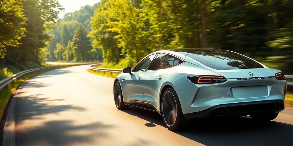 Voiture électrique moderne sur une autoroute ensoleillée.