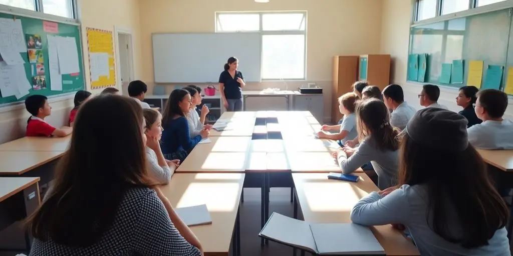 Salle de classe avec élèves concentrés.