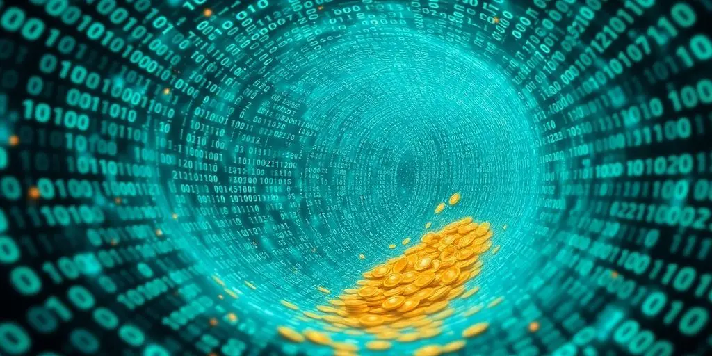 Vortex de code binaire lumineux avec pièces d'or tombant.