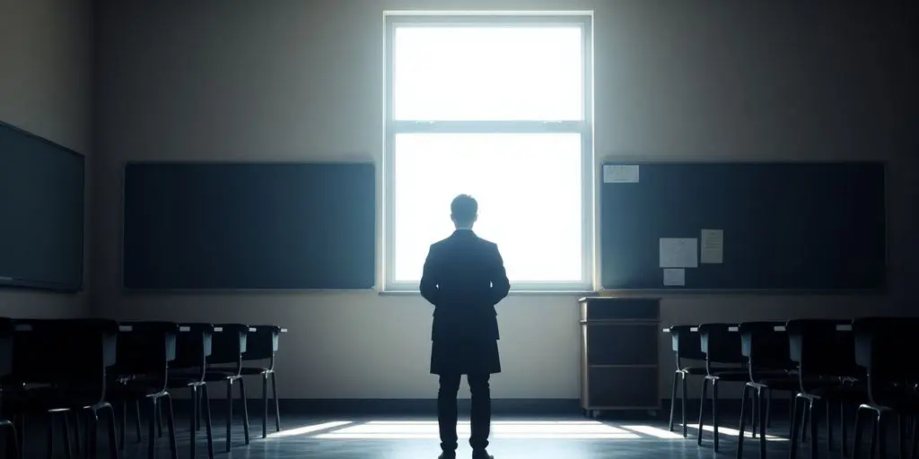 Professeur seul dans une salle de classe vide.