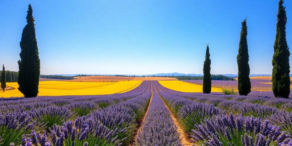 Paysage ensoleillé de la Drôme Provençale avec champs de lavande et cyprès.