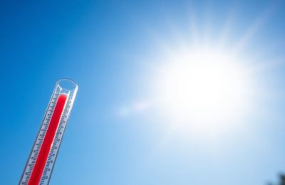 Soleil éclatant et thermomètre affichant une température élevée.