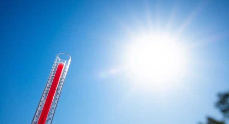 Soleil éclatant et thermomètre affichant une température élevée.