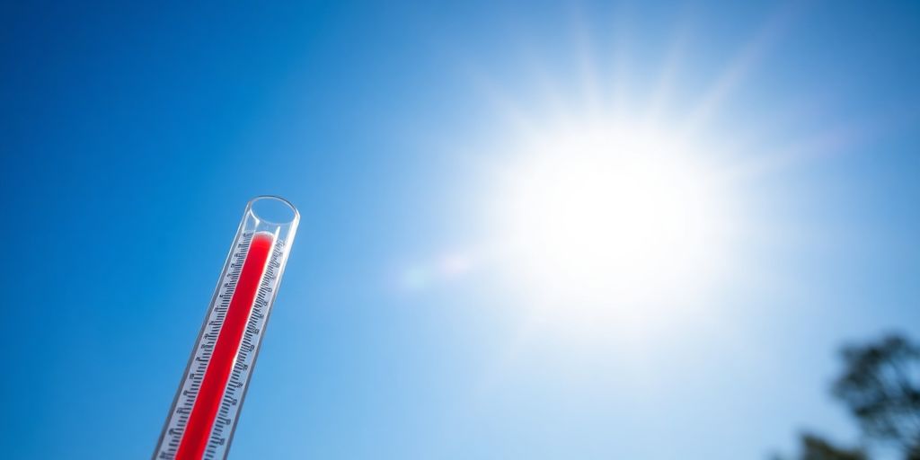 Soleil éclatant et thermomètre affichant une température élevée.