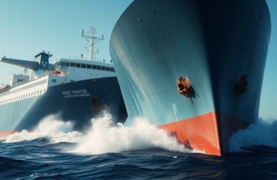 Deux navires en mer, l'un heurtant l'autre.
