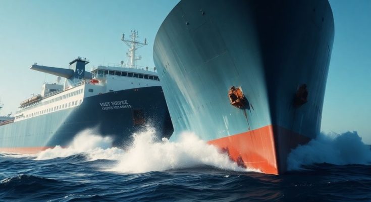 Deux navires en mer, l'un heurtant l'autre.