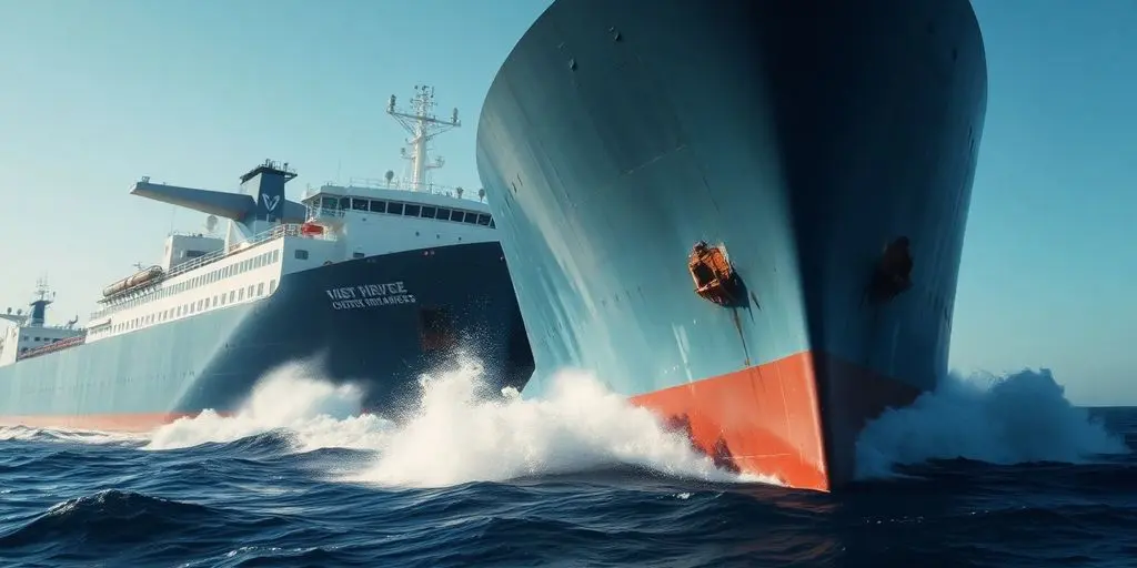 Deux navires en mer, l'un heurtant l'autre.