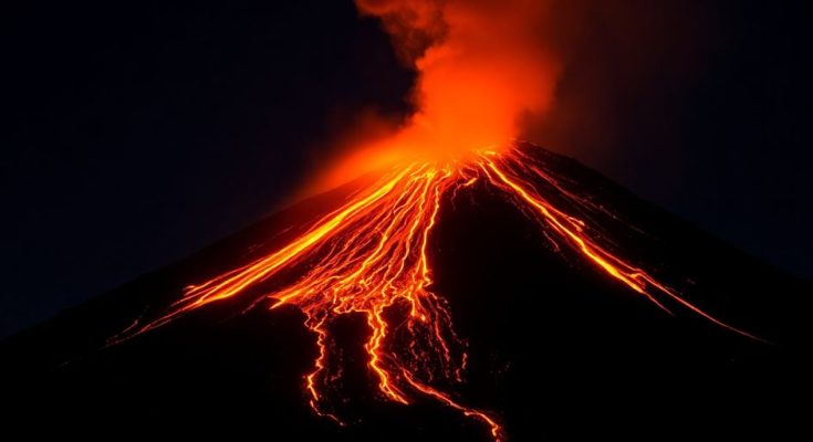L'Etna en éruption, lave incandescente descendant la montagne.