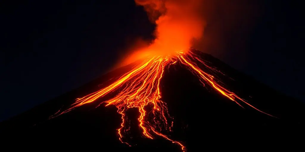 L'Etna en éruption, lave incandescente descendant la montagne.