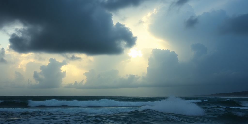 Ouragan menaçant les côtes américaines avec des nuages sombres.