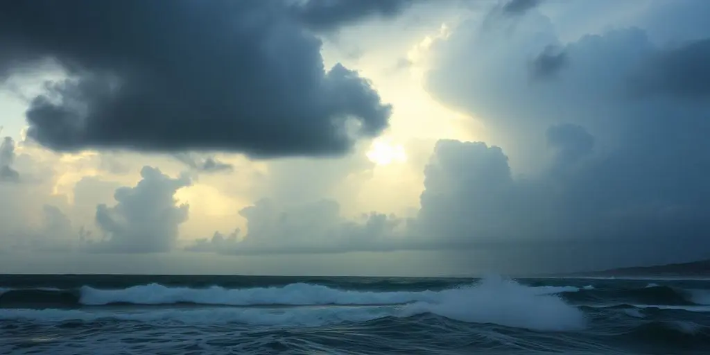 Ouragan menaçant les côtes américaines avec des nuages sombres.