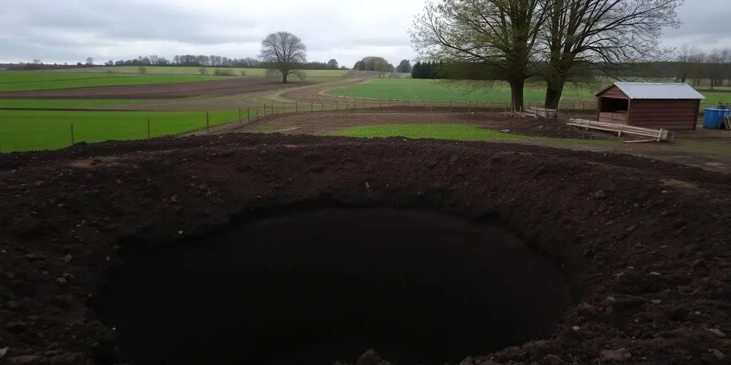 Une fosse à lisier rurale avec des éléments agricoles à proximité.