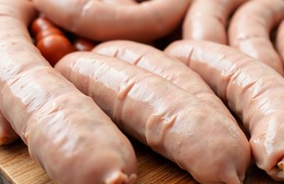 Saucisses et merguez de volaille crues sur une planche à découper.