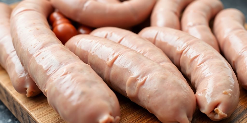 Saucisses et merguez de volaille crues sur une planche à découper.