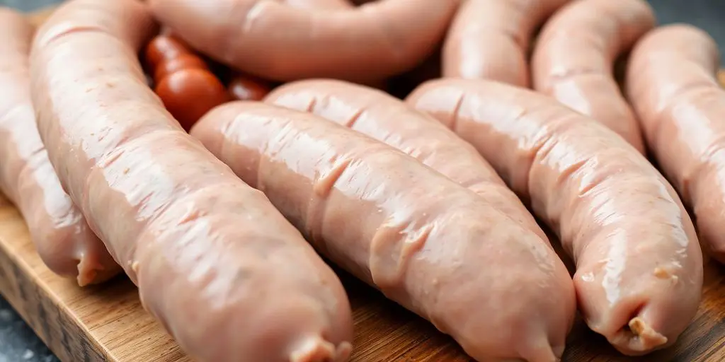 Saucisses et merguez de volaille crues sur une planche à découper.