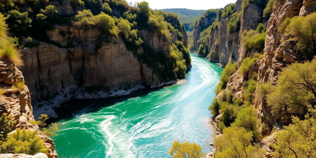 Paysage Ardéchois avec rivière et falaises.