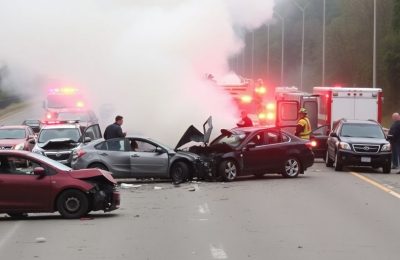 Voitures accidentées sur une route avec des fumées.